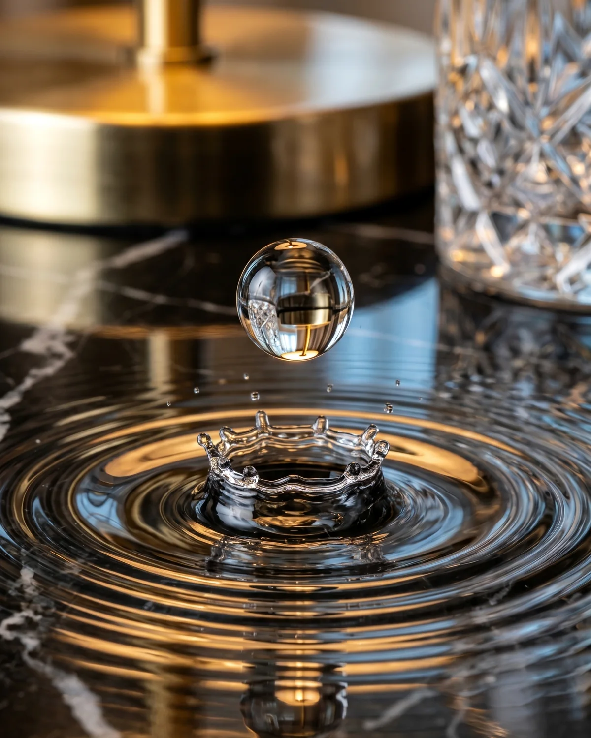 Macro premium object visual with glass, water, and gold reflections