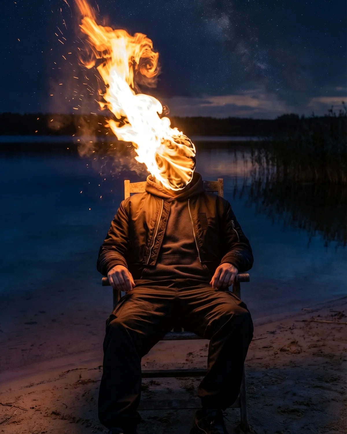 Release visual of a seated figure with a flame head